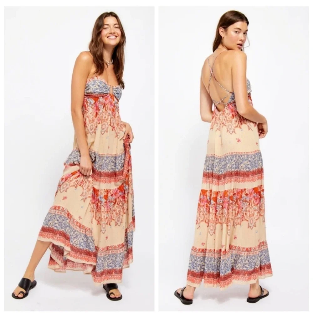Free People Beige Floral Tiered Maxi Dress with Red and Blue Accents - Picture 1 of 13